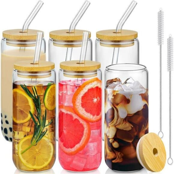 Glass Cups Set with Bamboo Lids Straws Iced Coffee Beer Juice Tea 6 Piece - Picture 1 of 7